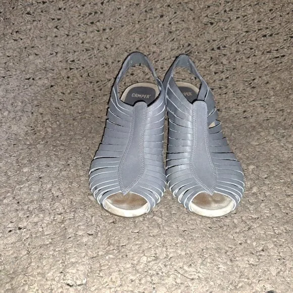 CAMPER-Rachael-Gray Strappy Leather-Wooden Wedge Sandals-SZ 39-8.5-Excellent - Picture 3 of 8